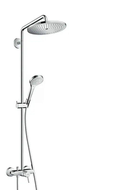 Hansgrohe Duschsystem mit fest montiertem Regenduschkopf und Handbrause, ausgestattet mit einem Einhebelmischer und verchromter Oberfläche.